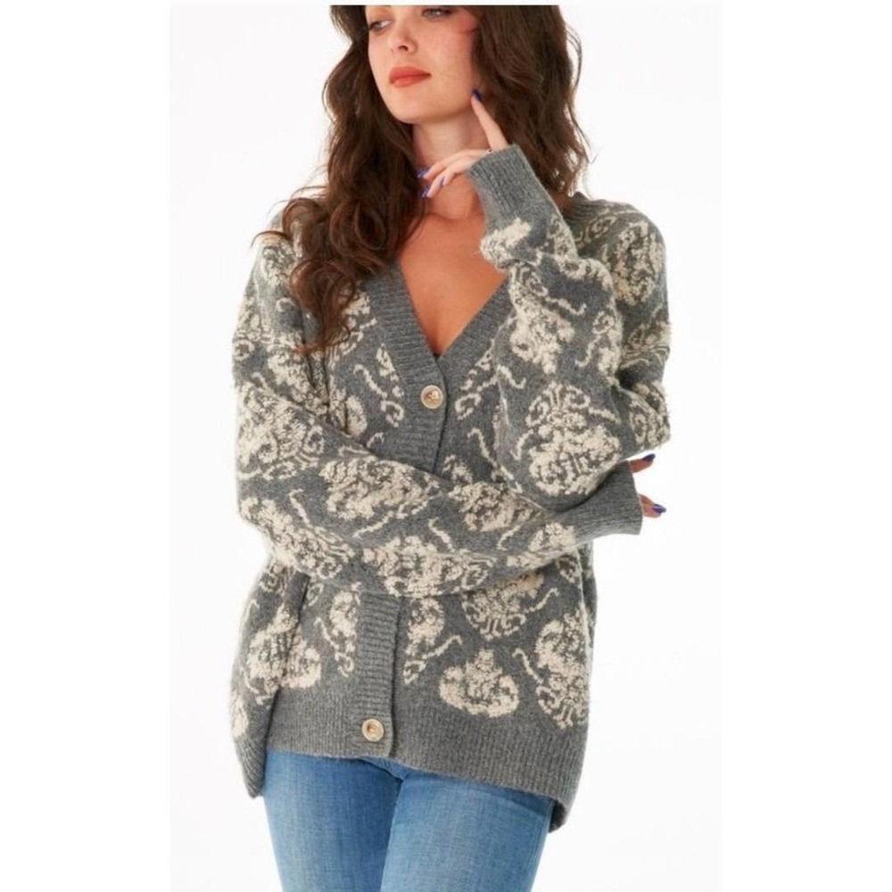 VINTAGE PANACHE long sleeve RAMONA cardigan sweater XL grey cream fleur de lis‎